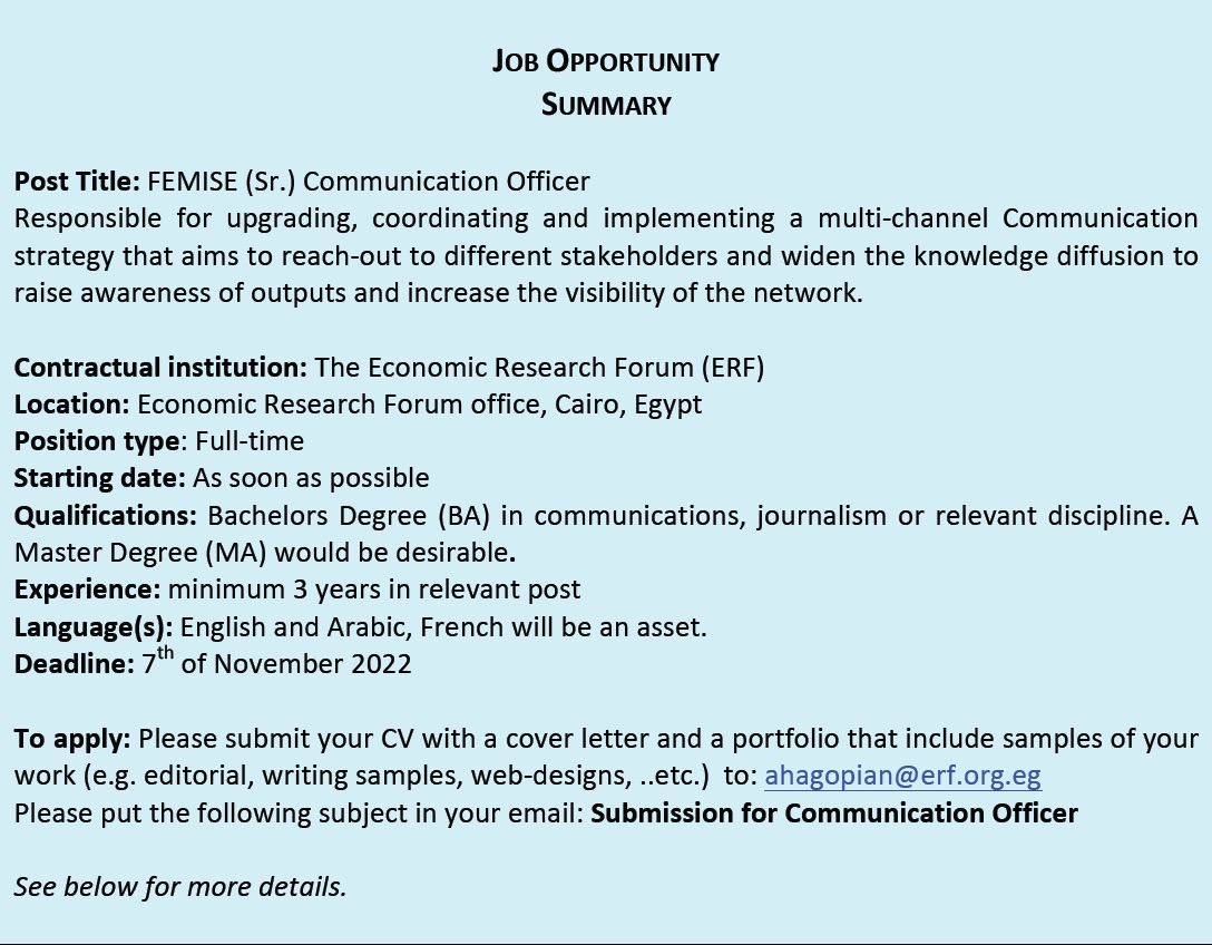 Job Opportunity: FEMISE (Sr.) Communication Officer (Closed) - Femise